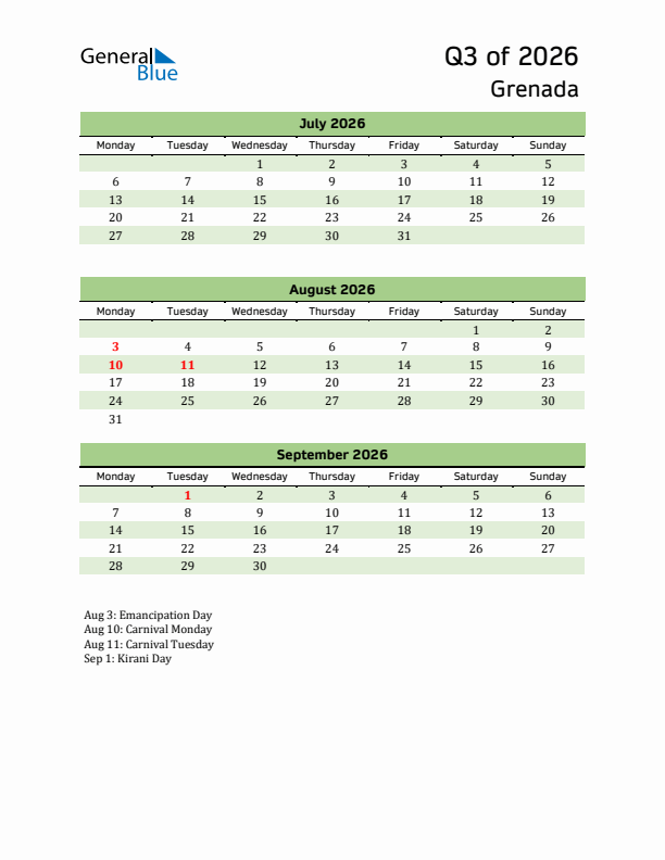 Quarterly Calendar 2026 with Grenada Holidays