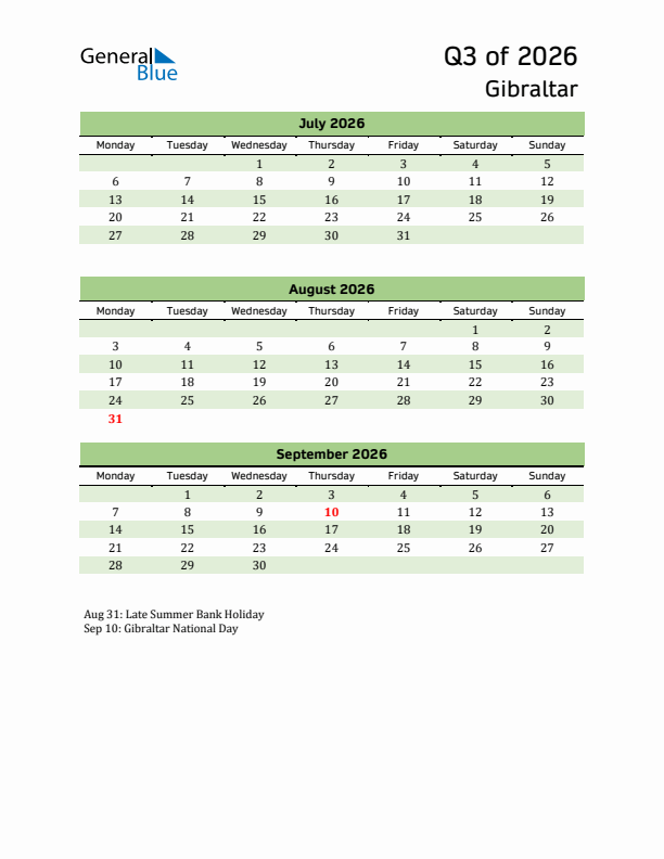 Quarterly Calendar 2026 with Gibraltar Holidays