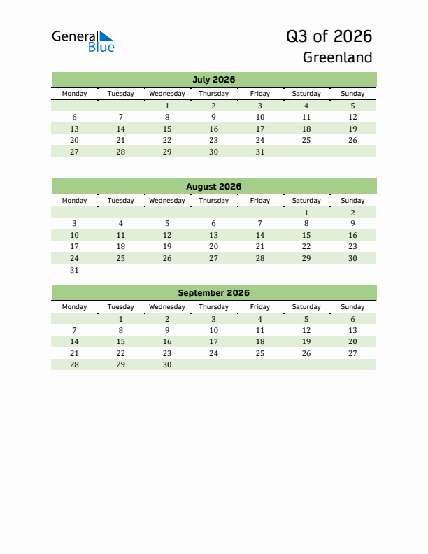 Quarterly Calendar 2026 with Greenland Holidays