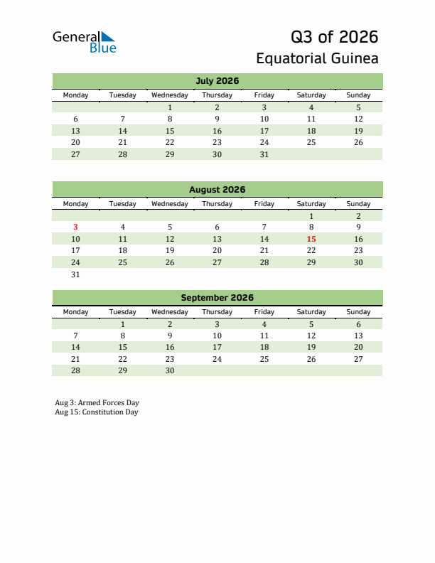 Quarterly Calendar 2026 with Equatorial Guinea Holidays