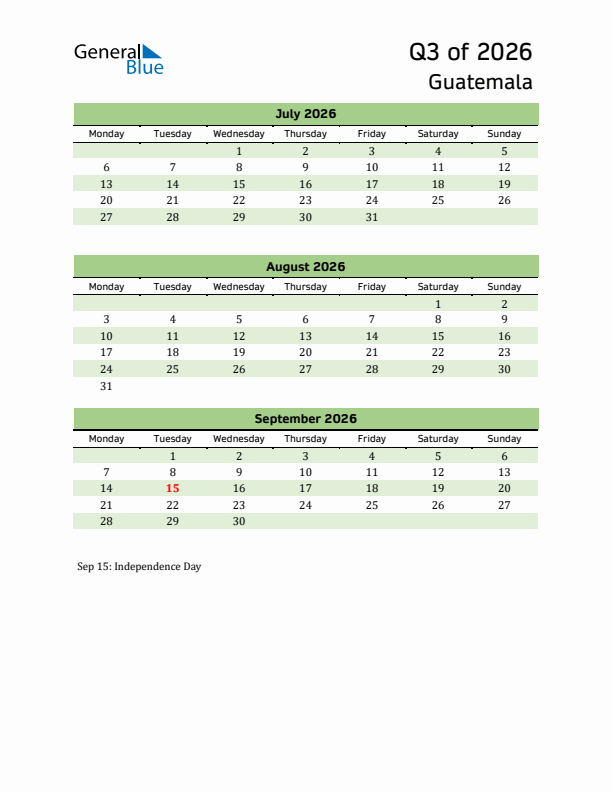 Quarterly Calendar 2026 with Guatemala Holidays