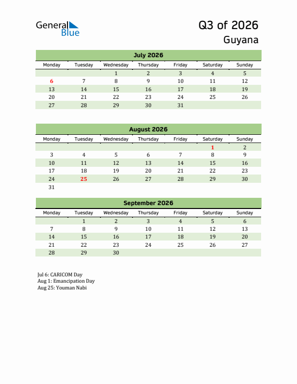 Quarterly Calendar 2026 with Guyana Holidays