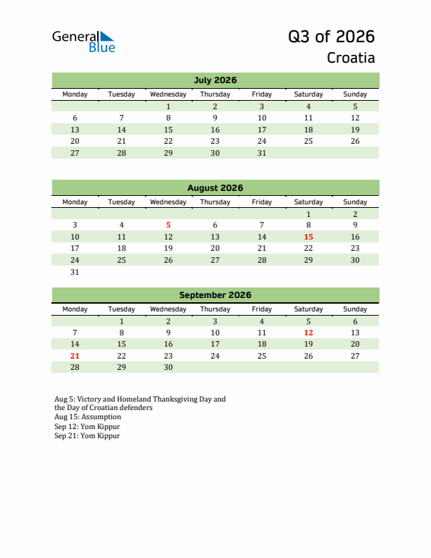 Quarterly Calendar 2026 with Croatia Holidays