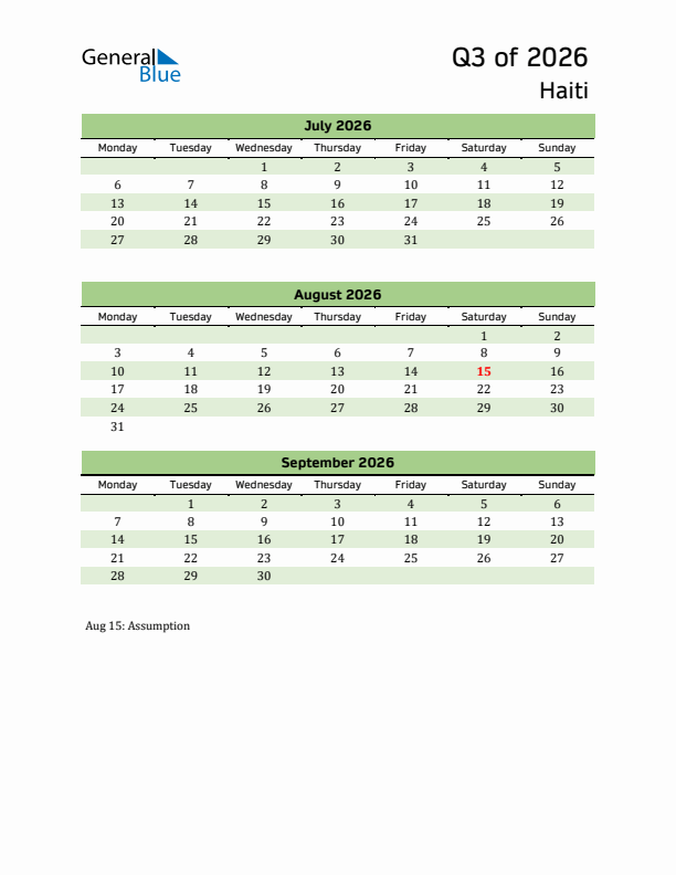 Quarterly Calendar 2026 with Haiti Holidays