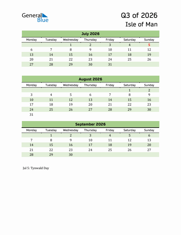 Quarterly Calendar 2026 with Isle of Man Holidays