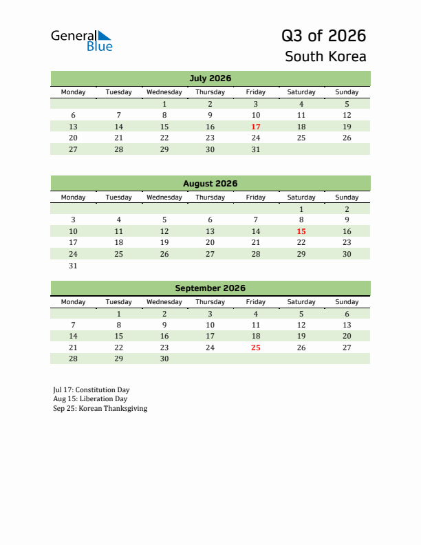 Quarterly Calendar 2026 with South Korea Holidays