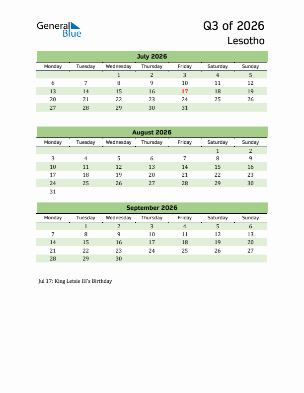 Quarterly Calendar 2026 with Lesotho Holidays