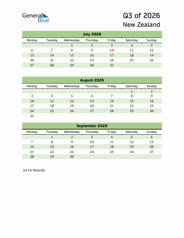 Quarterly Calendar 2026 with New Zealand Holidays