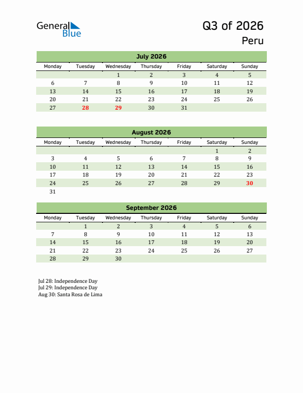 Quarterly Calendar 2026 with Peru Holidays