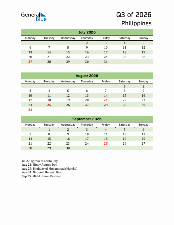 Quarterly Calendar 2026 with Philippines Holidays