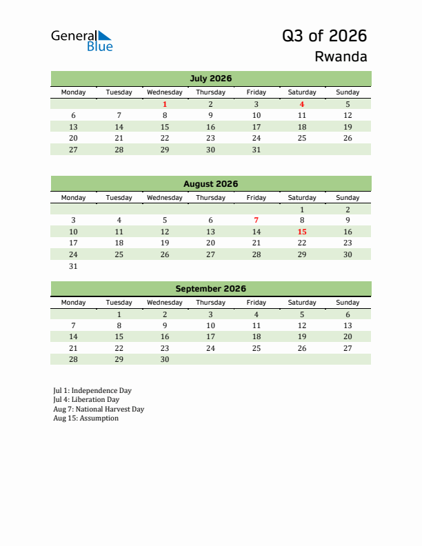 Quarterly Calendar 2026 with Rwanda Holidays