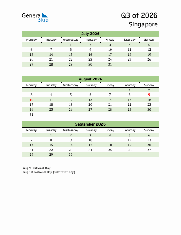 Quarterly Calendar 2026 with Singapore Holidays