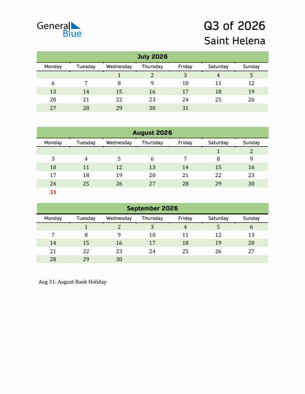 Quarterly Calendar 2026 with Saint Helena Holidays