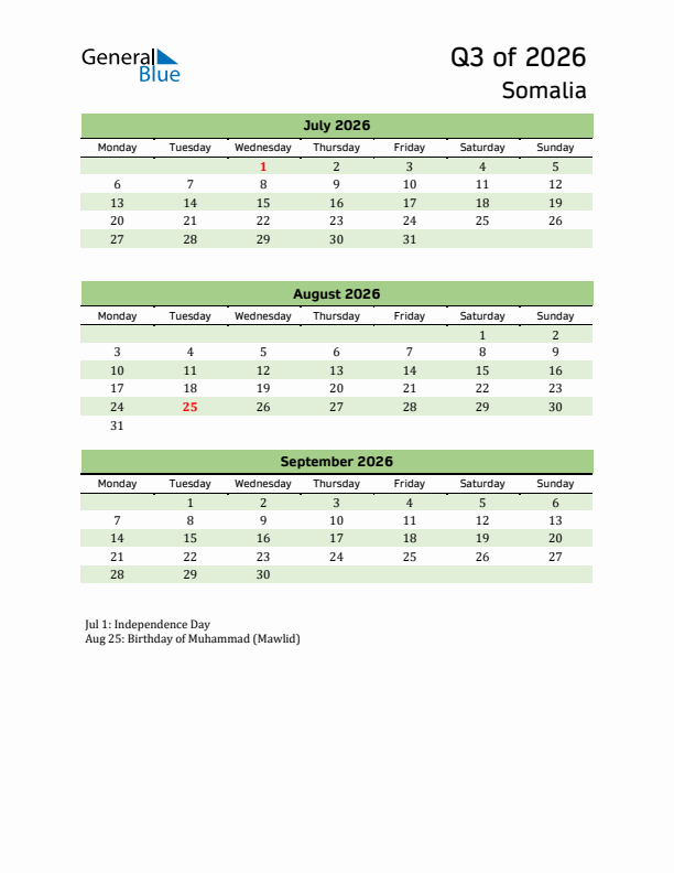 Quarterly Calendar 2026 with Somalia Holidays