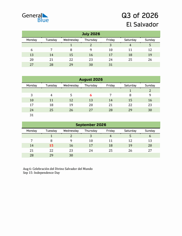 Quarterly Calendar 2026 with El Salvador Holidays