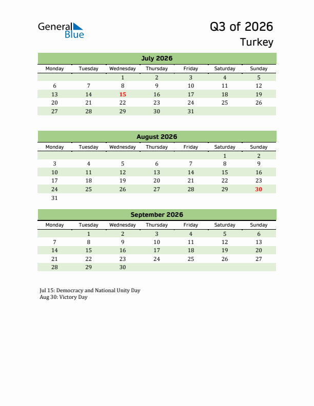 Quarterly Calendar 2026 with Turkey Holidays