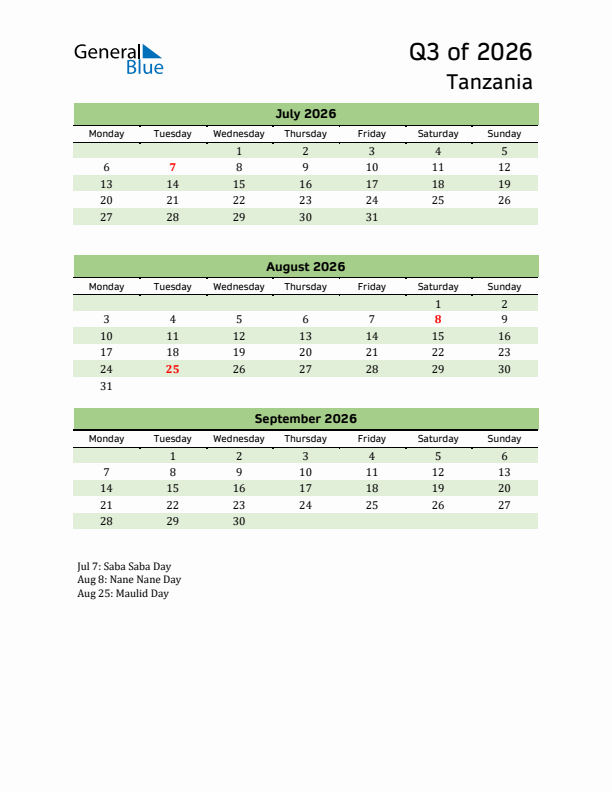 Quarterly Calendar 2026 with Tanzania Holidays