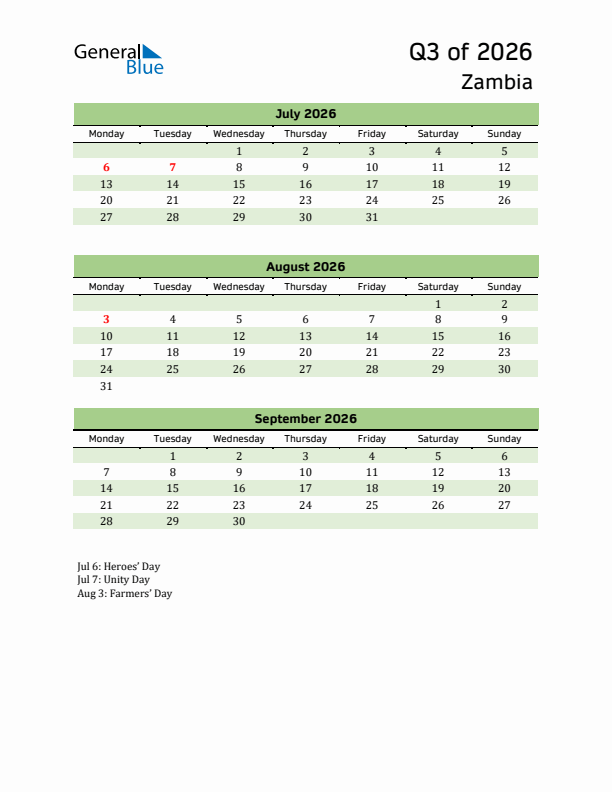 Quarterly Calendar 2026 with Zambia Holidays