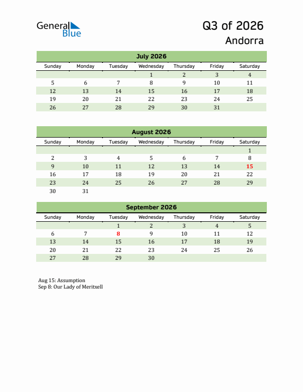 Quarterly Calendar 2026 with Andorra Holidays