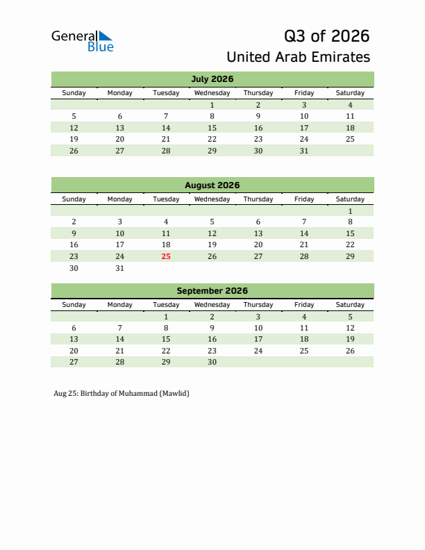 Quarterly Calendar 2026 with United Arab Emirates Holidays