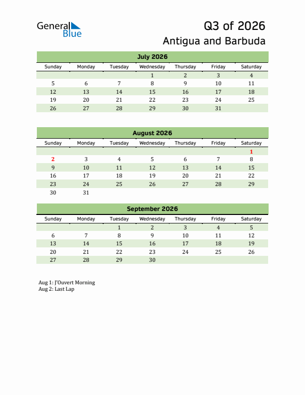 Quarterly Calendar 2026 with Antigua and Barbuda Holidays