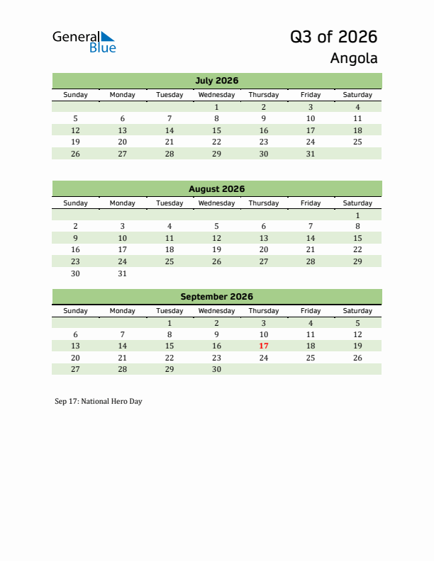 Quarterly Calendar 2026 with Angola Holidays