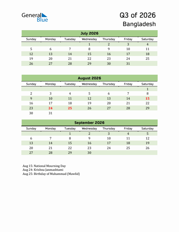 Quarterly Calendar 2026 with Bangladesh Holidays