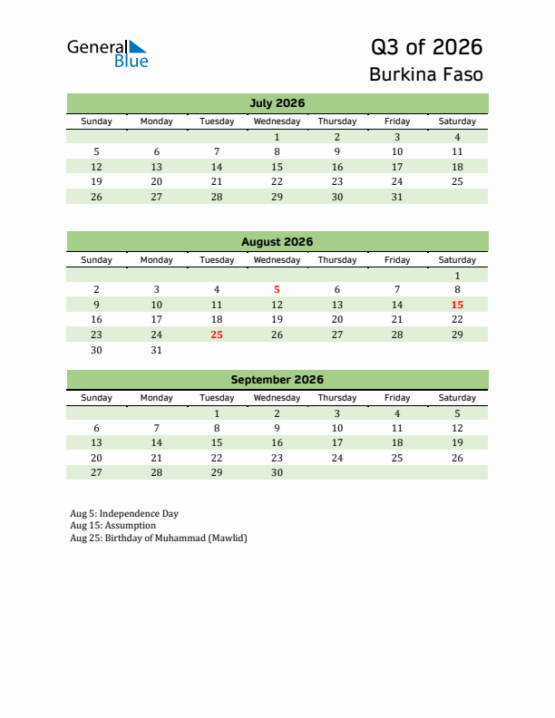 Quarterly Calendar 2026 with Burkina Faso Holidays