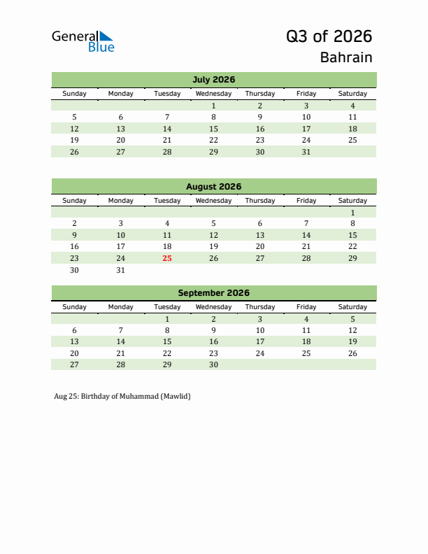 Quarterly Calendar 2026 with Bahrain Holidays