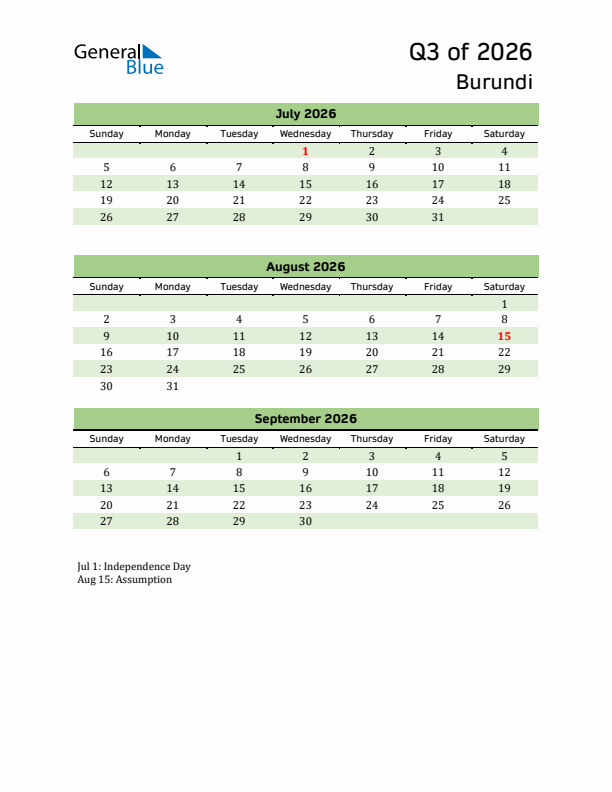 Quarterly Calendar 2026 with Burundi Holidays