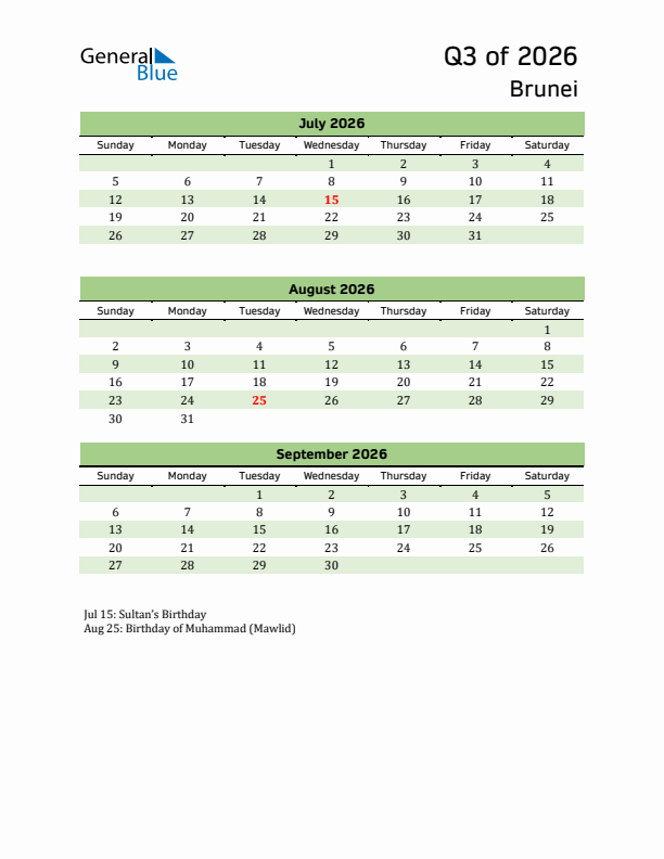 Quarterly Calendar 2026 with Brunei Holidays