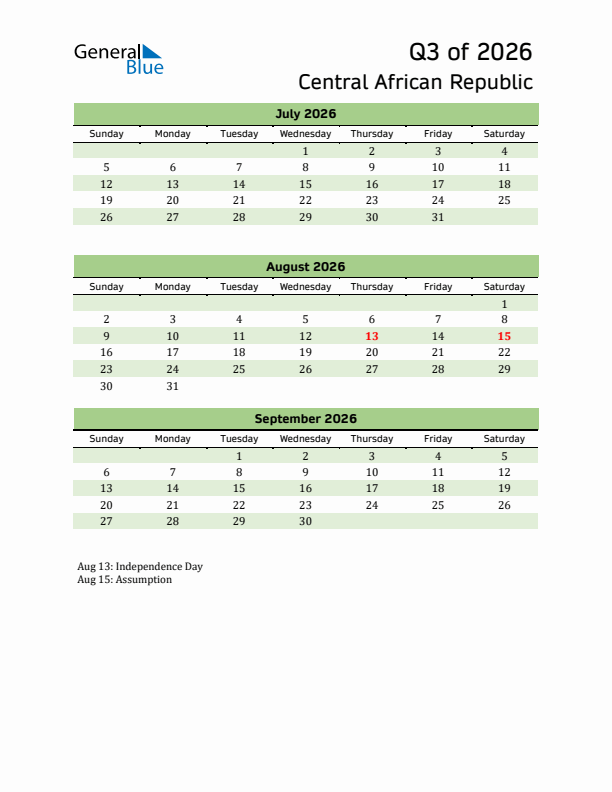 Quarterly Calendar 2026 with Central African Republic Holidays