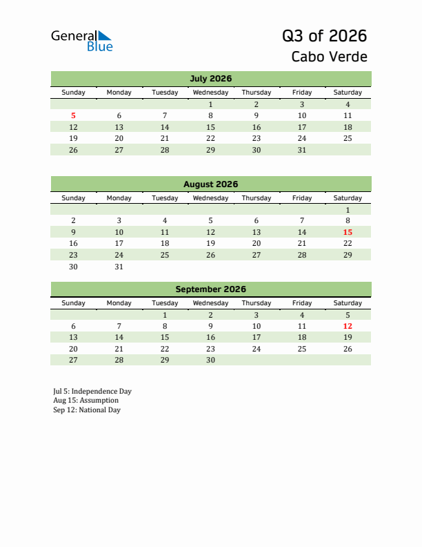 Quarterly Calendar 2026 with Cabo Verde Holidays