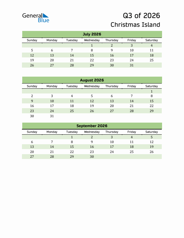 Quarterly Calendar 2026 with Christmas Island Holidays