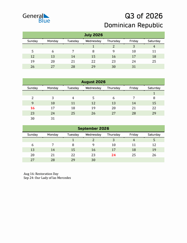 Quarterly Calendar 2026 with Dominican Republic Holidays