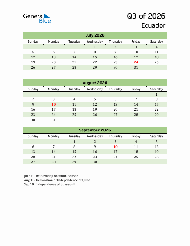 Quarterly Calendar 2026 with Ecuador Holidays