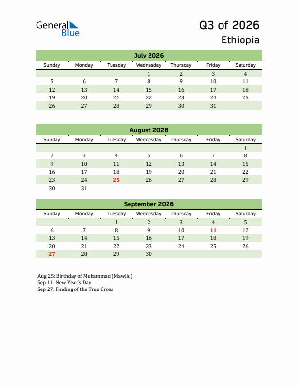 Quarterly Calendar 2026 with Ethiopia Holidays