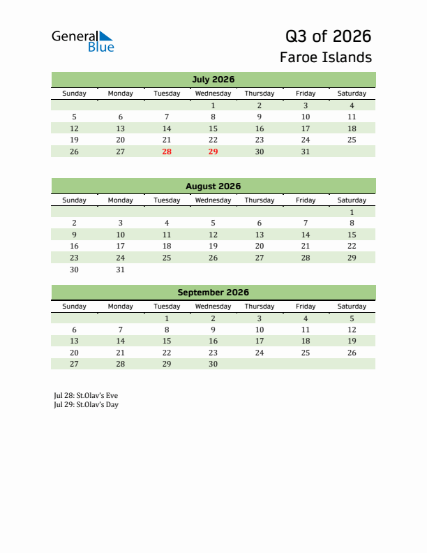 Quarterly Calendar 2026 with Faroe Islands Holidays