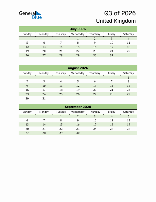 Quarterly Calendar 2026 with United Kingdom Holidays