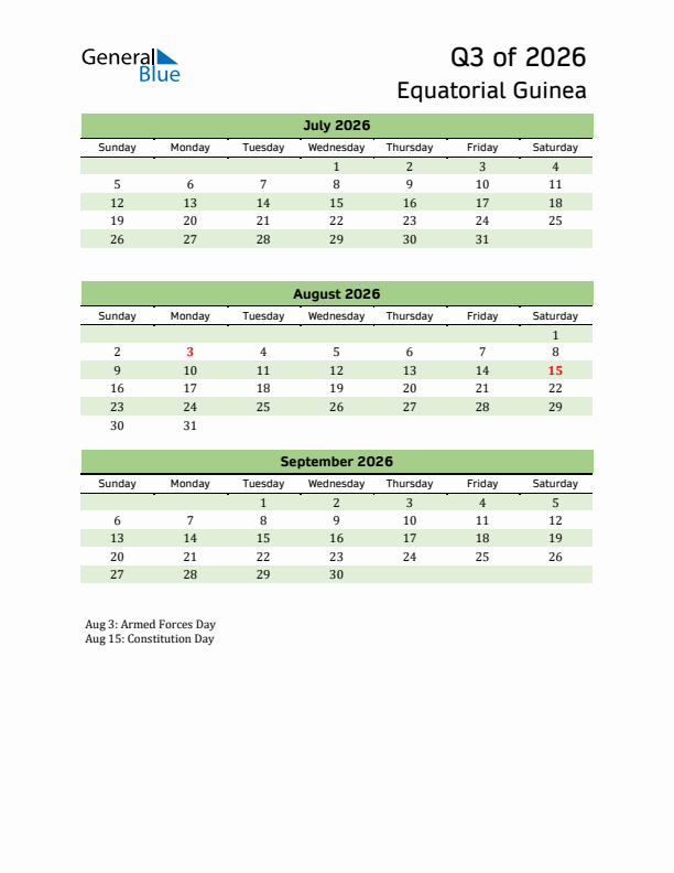 Quarterly Calendar 2026 with Equatorial Guinea Holidays