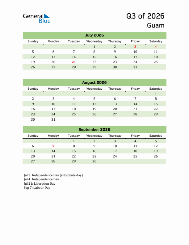 Quarterly Calendar 2026 with Guam Holidays