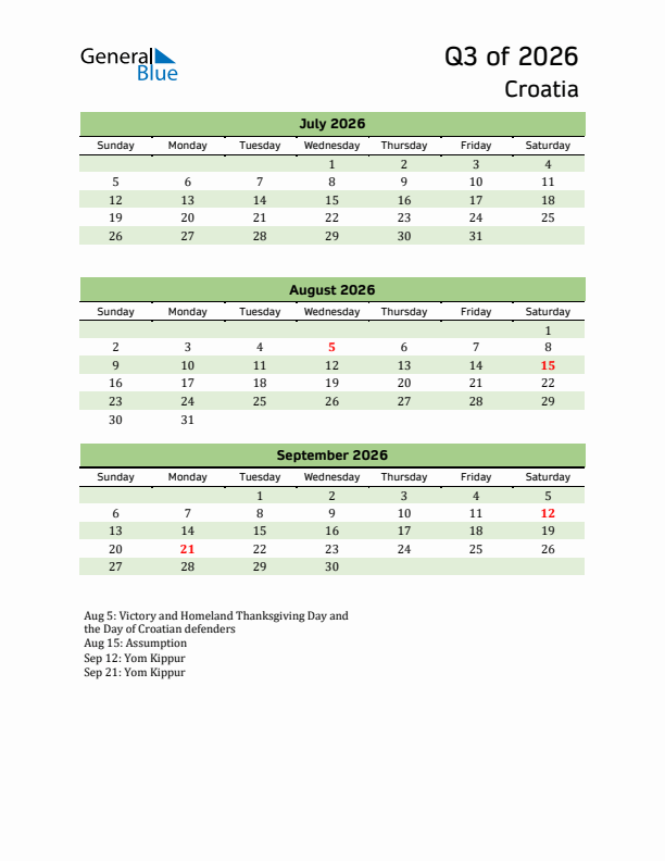 Quarterly Calendar 2026 with Croatia Holidays