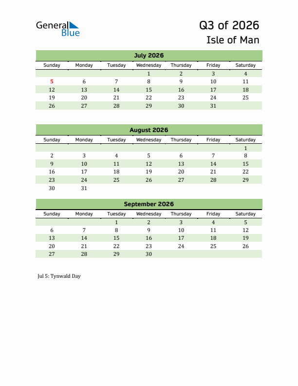 Quarterly Calendar 2026 with Isle of Man Holidays