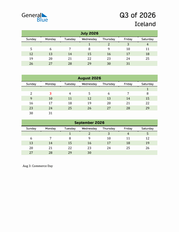 Quarterly Calendar 2026 with Iceland Holidays