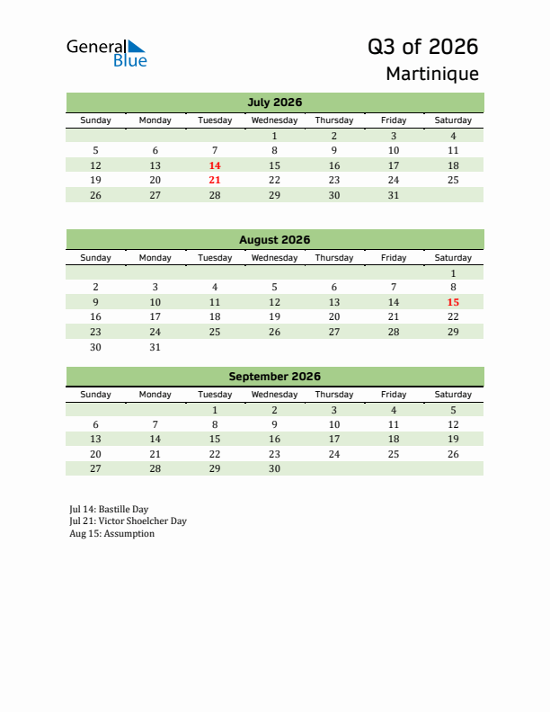 Quarterly Calendar 2026 with Martinique Holidays