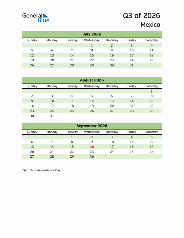 Quarterly Calendar 2026 with Mexico Holidays