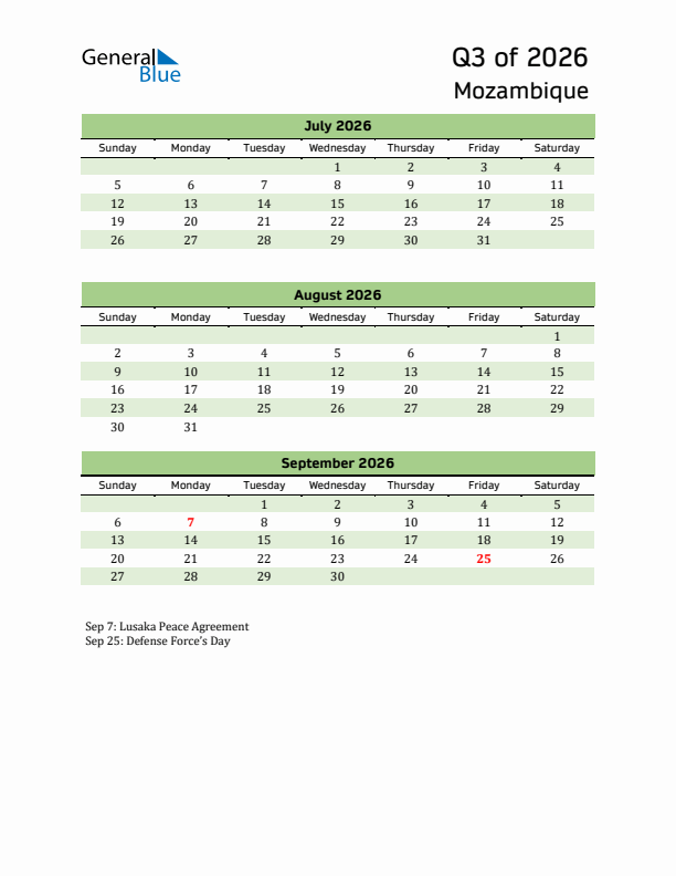 Quarterly Calendar 2026 with Mozambique Holidays