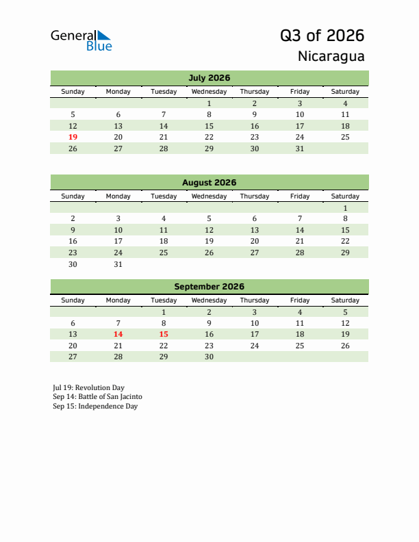 Quarterly Calendar 2026 with Nicaragua Holidays