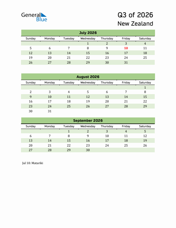 Quarterly Calendar 2026 with New Zealand Holidays