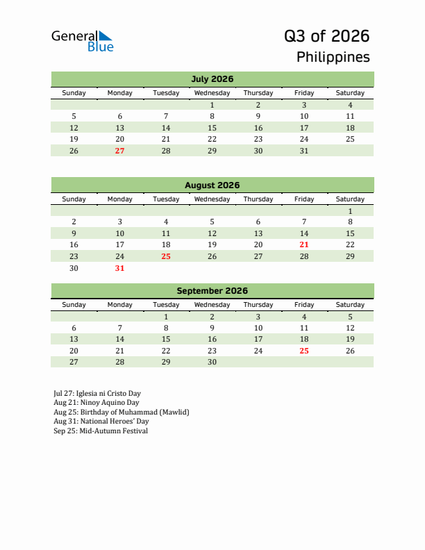 Quarterly Calendar 2026 with Philippines Holidays